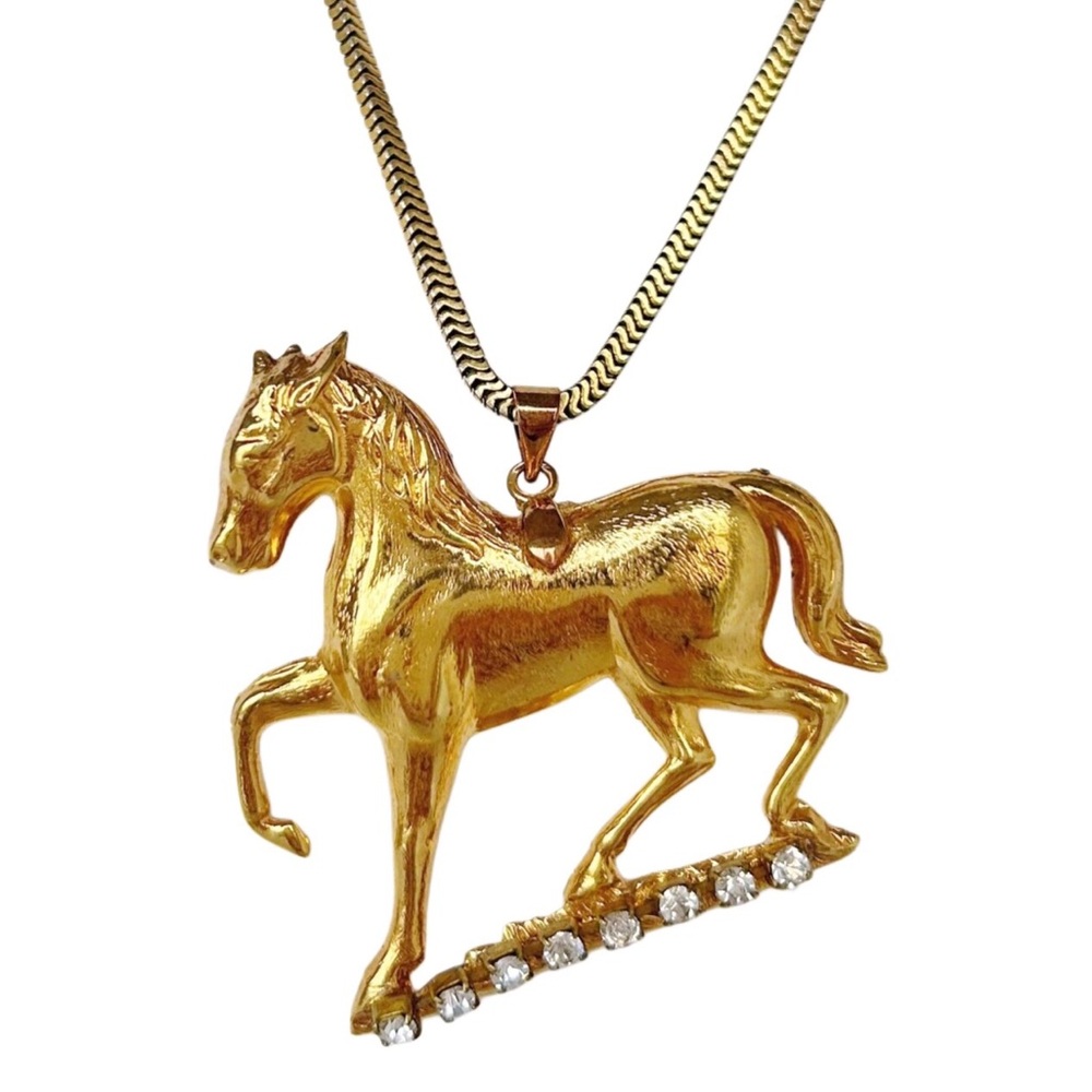 Vintage 14k Gold Plated Rhinestone Galloping Horse Equestrian Pendant